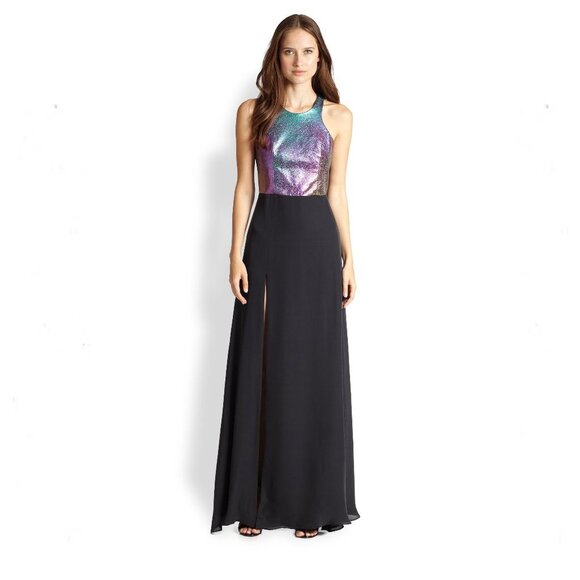 MASON by Michelle Mason Purple Iridescent Lambskin Leather and Silk Gown